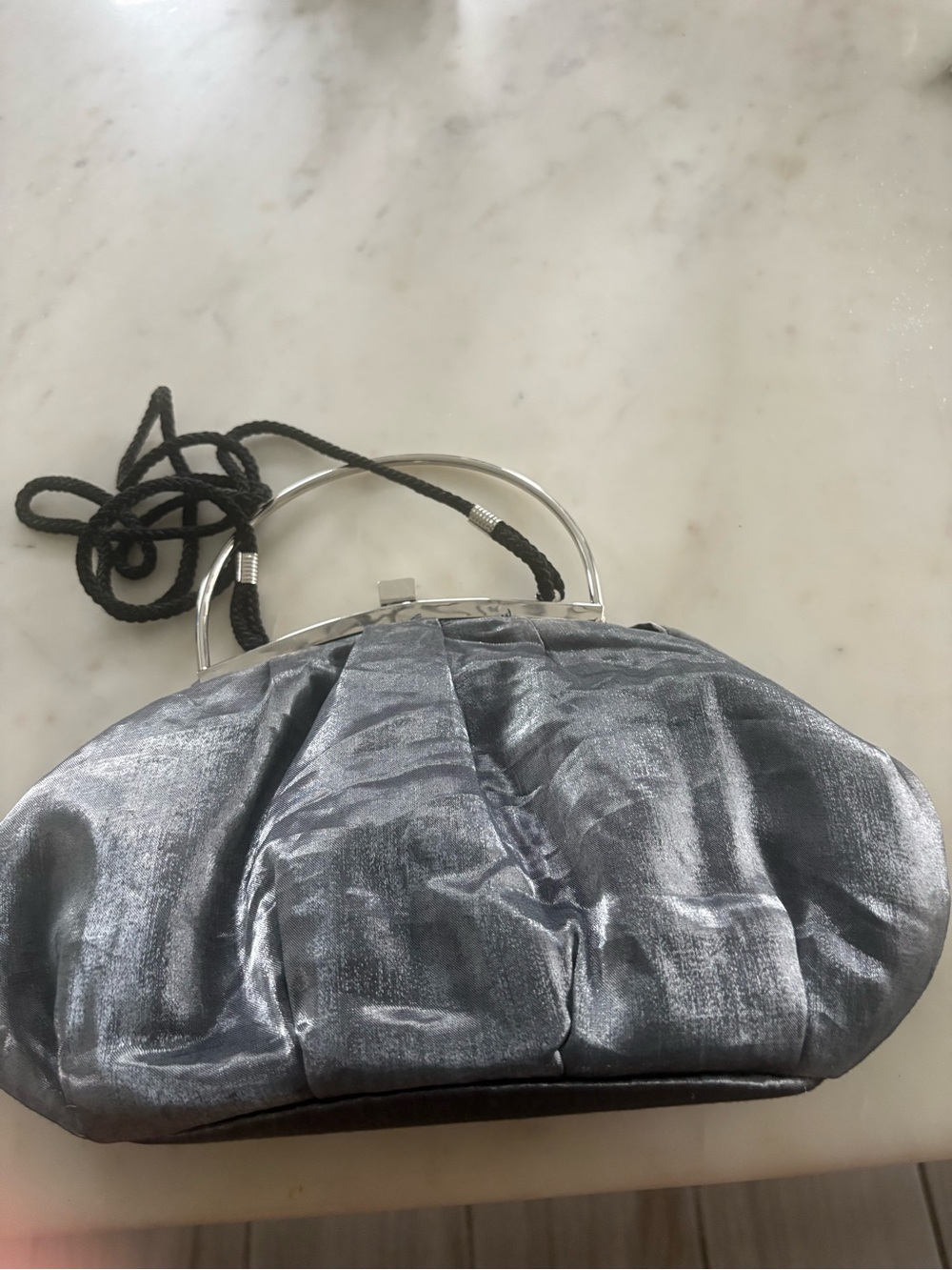 Silver Evening Clutch Bag with Black Cord Strap